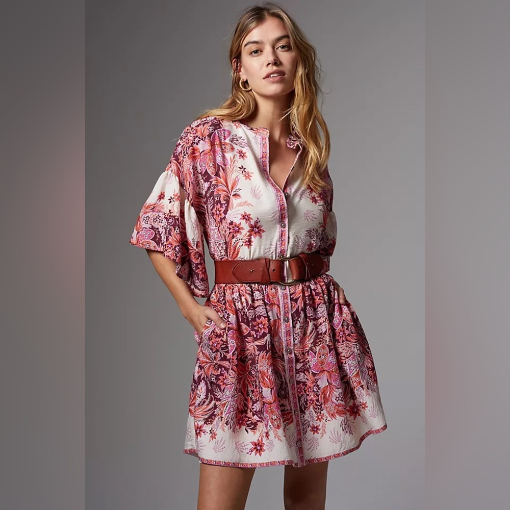 NWT Anthropologie Janelle Tunic Dress S $138 Pink White Floral Mini